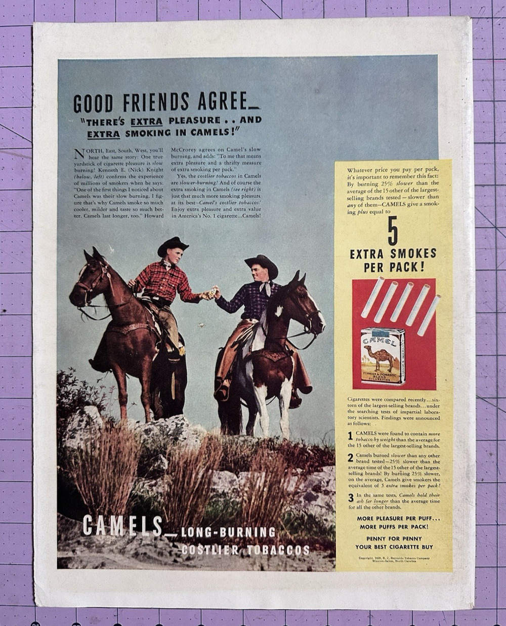 1939 Camel Cigarettes Cowboys Extra Smokes Per Pack Vintage Print Ad